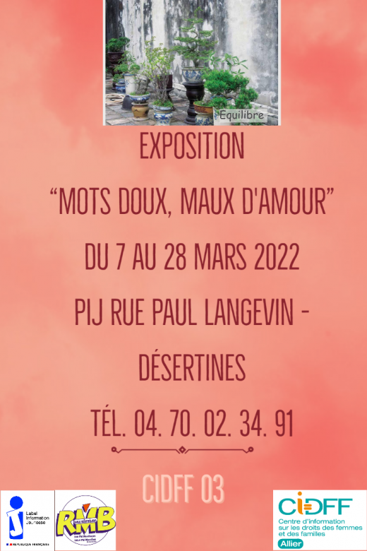Affiche Exposition « Les mots doux, les maux d’amour » du 7 au 28 mars au Pij de Désertines