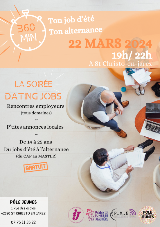 visuel dans les tons de gris beige et orange pour annoncer la soirée dating jobs avec des jeunes assis sur des canapés