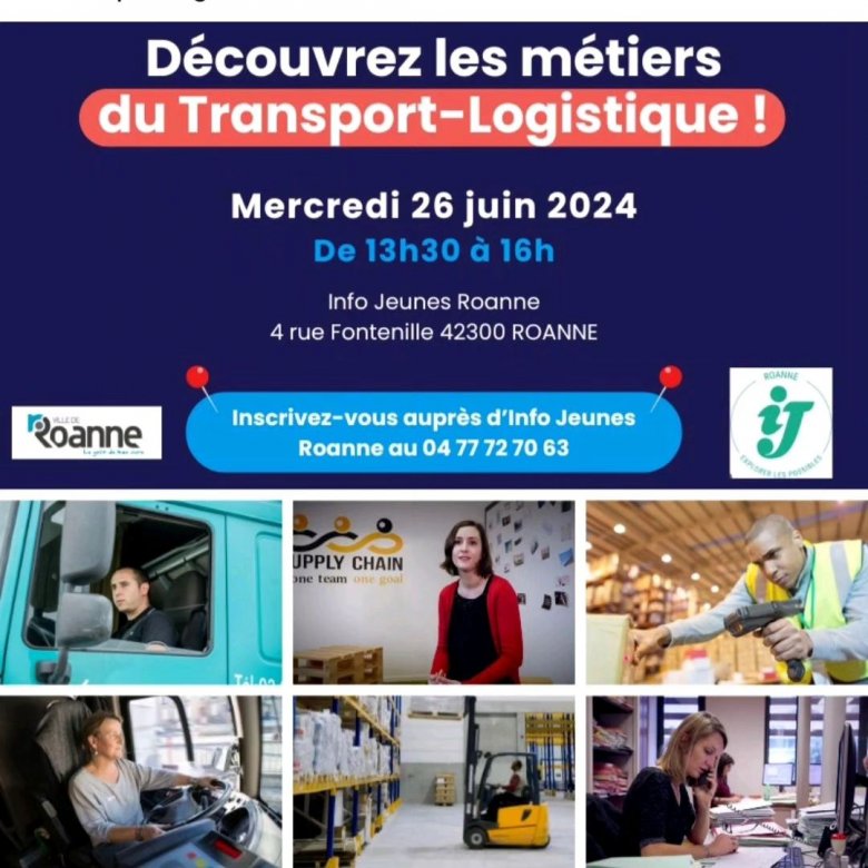 visuel bleu foncé avec des photos des métiers du transport et de la logistique