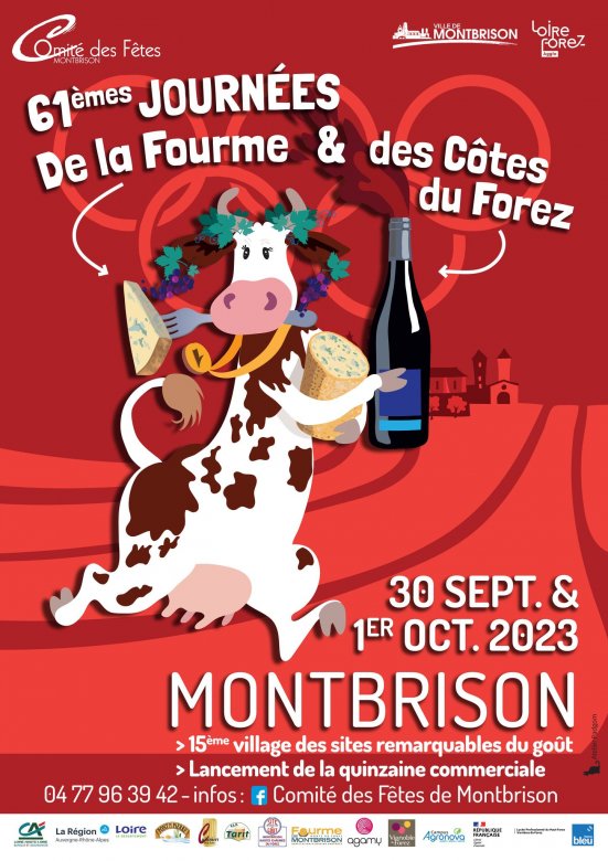 illustration d'une vache noire et blanche qui se tient debout avec des fourme (fromage) et une bouteille de vin dans les pattes avant sur fond rouge