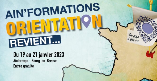 affiche bleue avec carte de la france, focus sur le département de l'Ain en rouge