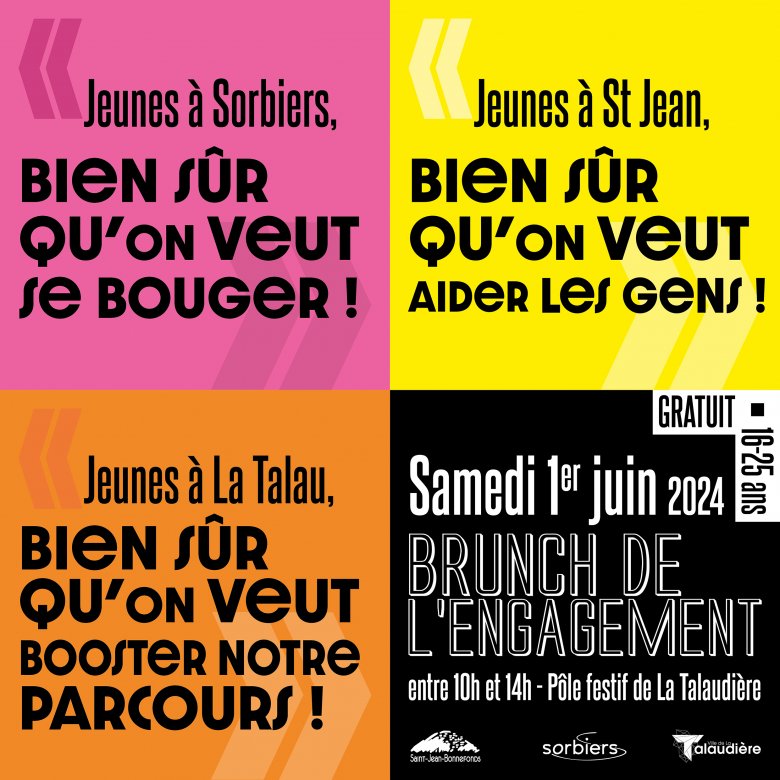 visuel composé de 4 carrés de couelurs rose, jaune et noir avec du texte noir ou blanc