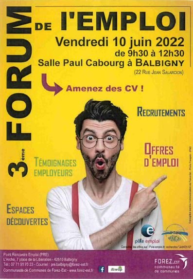 Forum pour l'emploi à Balbigny, affiche à fond jaune avec un jeune homme à lunette stupéfait