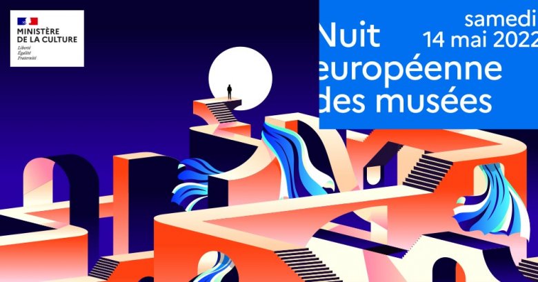 visuel graphique représantant des ponts et escaliers oranges sur fond bleu nuit