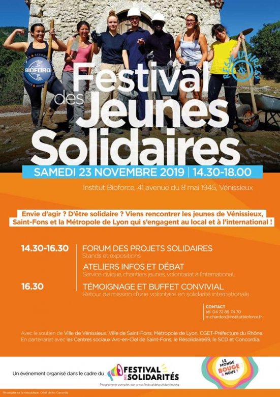 Festival des Jeunes Solidaires, Institut Bioforce, Vénissieux, samedi 23 novembre 2019 de 14h30 à 18h