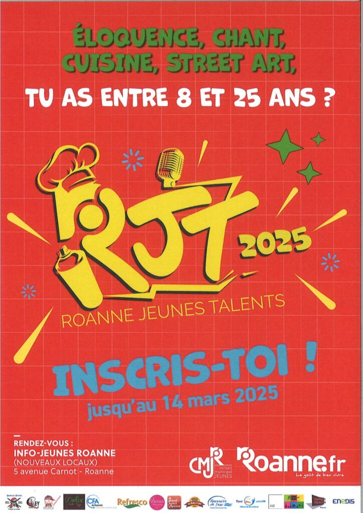 affiche du festival roanne jeunes talents avec le logo de l'événement en jaune sur fond rouge