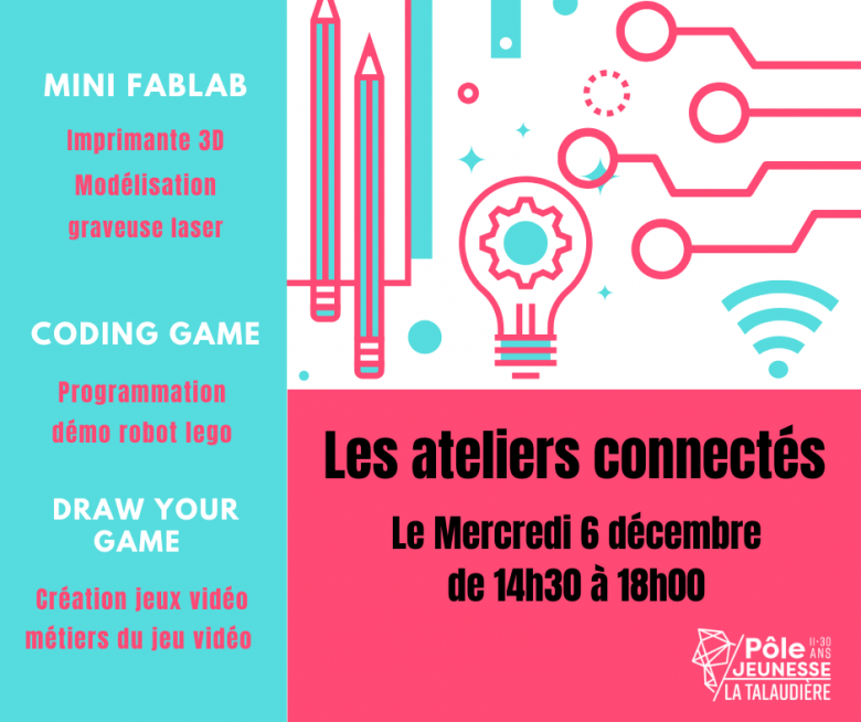 visuel bleu, rose et blanc avec des icones de styles, d'ampoules et de liens de connexions ou de wifi