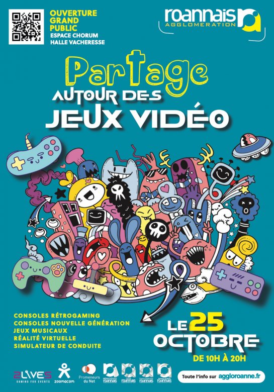 affiche à fond bleu avec le titre de l'événement en écriture stylisée et des illustrations de personnages de jeux vidéos