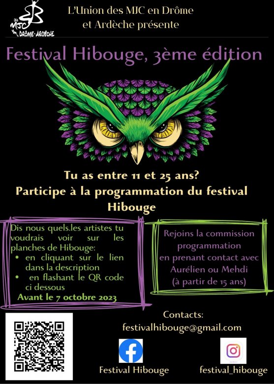 Affiche festival hibouge avec un visuel de hibou au sommet, et un texte identique à celui de cette page web.