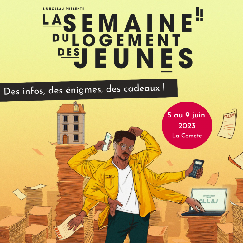 vignette jaune avec un jeune homme à plusieurs bras effectuant plusieurs actions