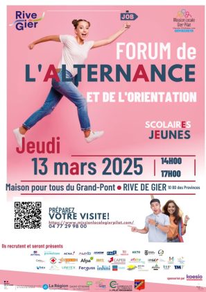 affiche à fond rose avec une jeune femme en jean qui semble s'élancer vers la droite. texte en bleu, rouge et blanc