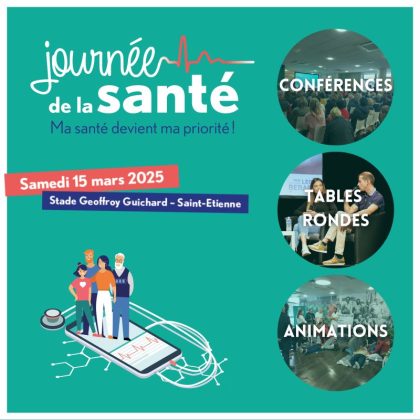 visuel à fond vert bleu avec le titre de l'événement "journée de la santé" dans la loire