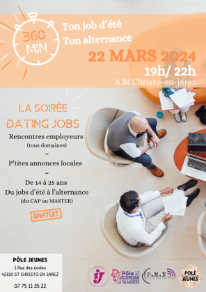 visuel dans les tons de gris beige et orange pour annoncer la soirée dating jobs avec des jeunes assis sur des canapés