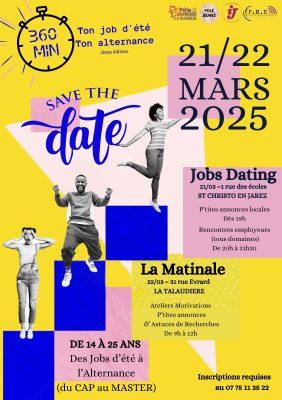 affiche à fond jaune vif avec des photos de jeunes en noir et blanc dans des positions dynamiques sur des blocs bleu foncé. infos pratiques écrites en noir