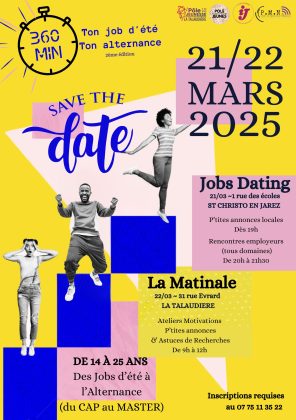 affiche à fond jaune vif avec des photos de jeunes en noir et blanc dans des positions dynamiques sur des blocs bleu foncé. infos pratiques écrites en noir