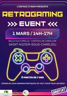 illustration d'une manette de jeux vidéos en trait coloré sur fond violet avec les infos pratiques écrites en police d'éditeur de texte