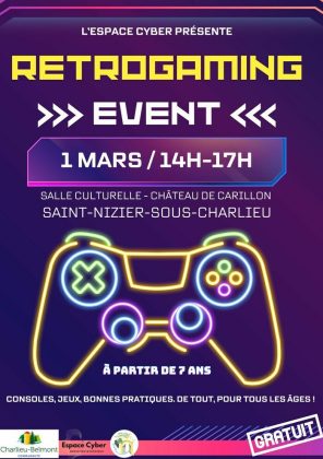 illustration d'une manette de jeux vidéos en trait coloré sur fond violet avec les infos pratiques écrites en police d'éditeur de texte