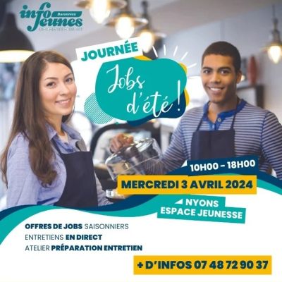 Participez à la Journée Jobs d'été le 3 avril 2024 à Nyons pour découvrir des offres de jobs saisonniers. Rencontrez des employeurs, assistez à des entretiens en direct et bénéficiez d'ateliers de préparation aux entretiens. Visitez l'Espace Jeunesse de 10h à 18h pour saisir des opportunités d'emploi estival. Pour plus d'infos, appelez le 07 48 72 90 37. Entrée gratuite