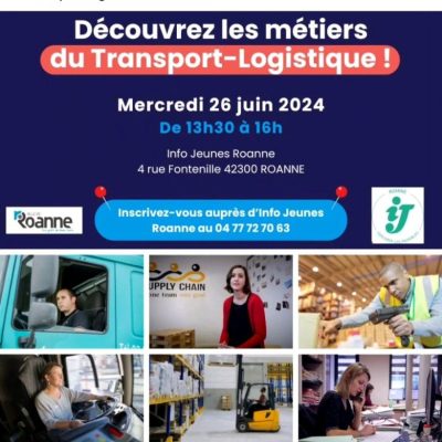 visuel bleu foncé avec des photos des métiers du transport et de la logistique