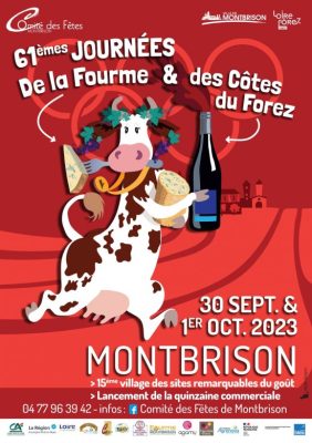 illustration d'une vache noire et blanche qui se tient debout avec des fourme (fromage) et une bouteille de vin dans les pattes avant sur fond rouge