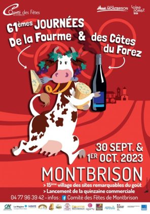 illustration d'une vache noire et blanche qui se tient debout avec des fourme (fromage) et une bouteille de vin dans les pattes avant sur fond rouge