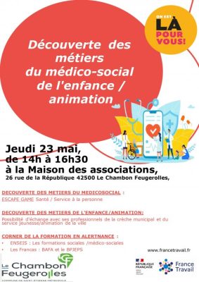 affiche blanche avec le titre dans une bulle rouge et les infos pratiques en dessous en rouge sur fond blanc