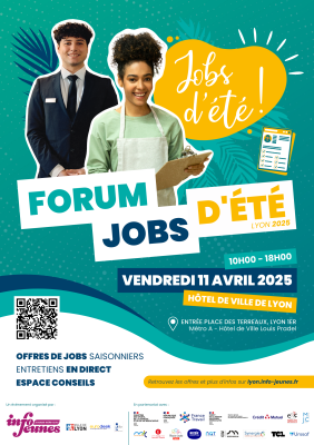 affiche du forum jobs d'été de Lyon qui aura lieu le vendredi 11 avril 2025 à l'hôtel de ville de Lyon