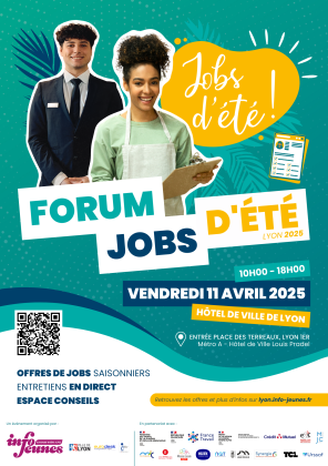 affiche du forum jobs d'été de Lyon qui aura lieu le vendredi 11 avril 2025 à l'hôtel de ville de Lyon