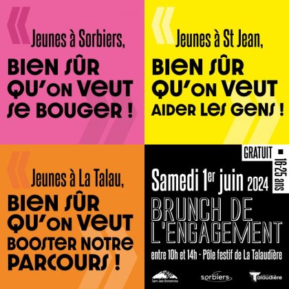 visuel composé de 4 carrés de couelurs rose, jaune et noir avec du texte noir ou blanc
