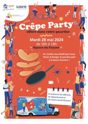 affiche à fond rouge, avec des illustrations de personnes diverses et variées et d'une poele à crêpes qui fait sauter des crêpes en l'air