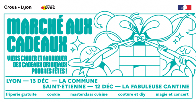 visuel graphique avec une illustration de cadeau en trait bleu vert sur fond blanc