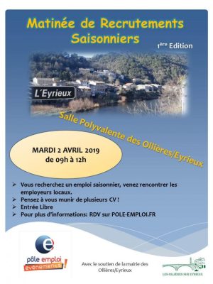Affiche matinée de recrutement saisonnier à Ollière sur Eyrieux le 2 avril 2019
