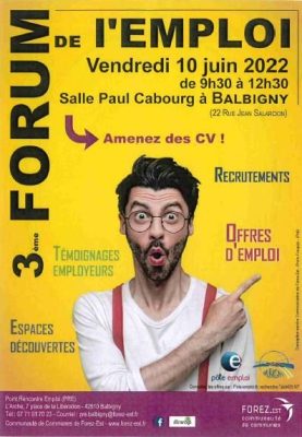 Forum pour l'emploi à Balbigny, affiche à fond jaune avec un jeune homme à lunette stupéfait