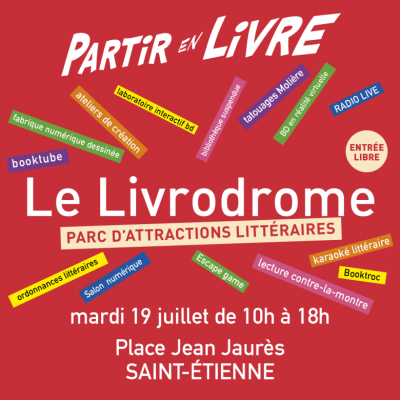 texte blanc sur fond rouge avec de petites étiquettes de couleurs autour du titre principal "le livrodrome"