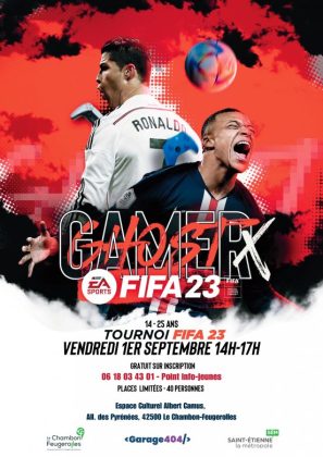 affiche avec des joueurs de foot sur fond rouge
