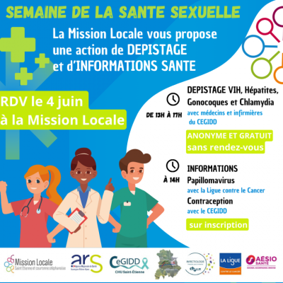 visuel bleu et blanc avec des informations en vert et blanc, illustrations de personnels de santé en bas à gauche