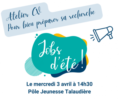 tâche de couleur verte superposée sur une tâche bleue et une jaune avec le titre "job d'été" en blanc par dessus