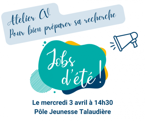tâche de couleur verte superposée sur une tâche bleue et une jaune avec le titre "job d'été" en blanc par dessus