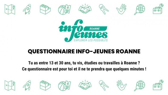 Texte vert et noir sur fond blanc illustré de petites icones représentant les thématiques ij