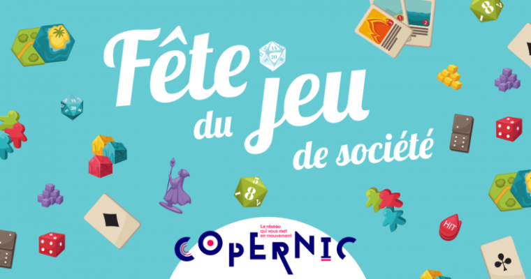 fond bleu avec le titre de l'événement en blanc, entouré d'illustration de jeux