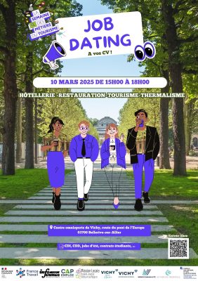 Affiche du Job Dating Hôtellerie-Restauration-Tourisme-Thermalisme 2025 à Bellerive-sur-Allier. Événement le 10 mars 2025 au Centre Omnisports de Vichy, avec des offres d’emploi en CDI, CDD et jobs étudiants.