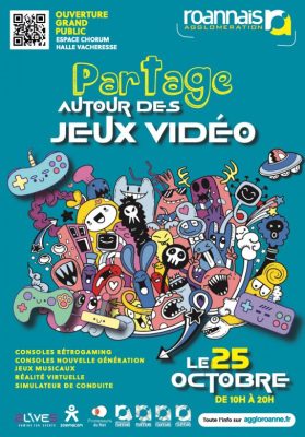 affiche à fond bleu avec le titre de l'événement en écriture stylisée et des illustrations de personnages de jeux vidéos