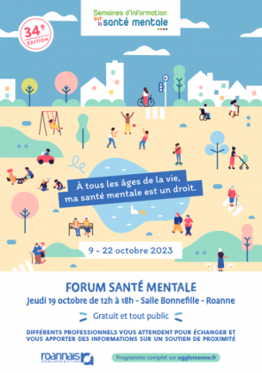 illustration d'un paysage d'un parc avec une ville en arrière plan, le tout occupé par des personnages se livrant à différentes activités : balançoire, ballon, trottinette, promenade, vélo...